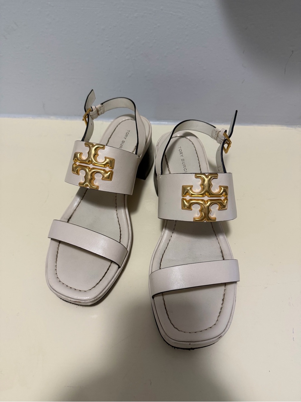 Tory Burch Ivory Leather Block Heel Sandals with Gold Logo
